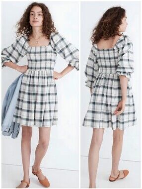 Madewell Smocked Plaid Soft Lucie Cream Green Dress, L